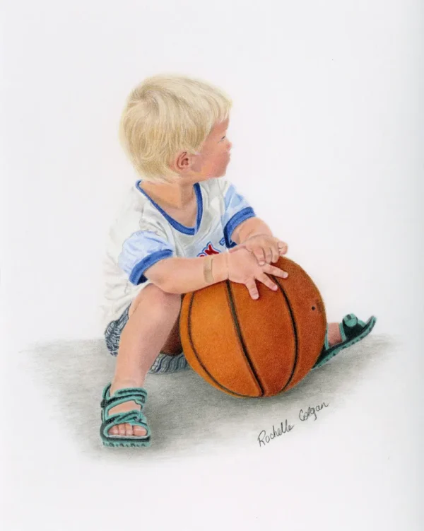 Realistic drawing of little boy sitting on ground with hands on a basketball looking into the distance. By Alberta artist Rochelle Colgan