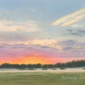 Colourful sunrise skyscape drawing with mist, trees and a green grass field. By Alberta artist Rochelle Colgan