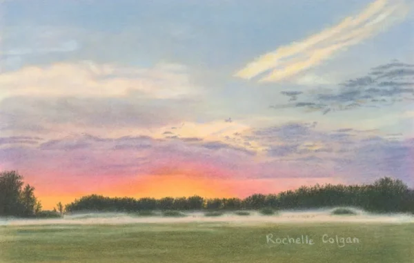 Colourful sunrise skyscape drawing with mist, trees and a green grass field. By Alberta artist Rochelle Colgan