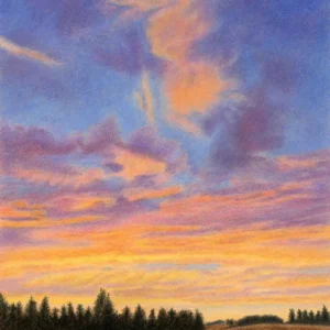 Sunrise skyscape drawing of autumn crop field with trees along the horizon. By Alberta artist Rochelle Colgan