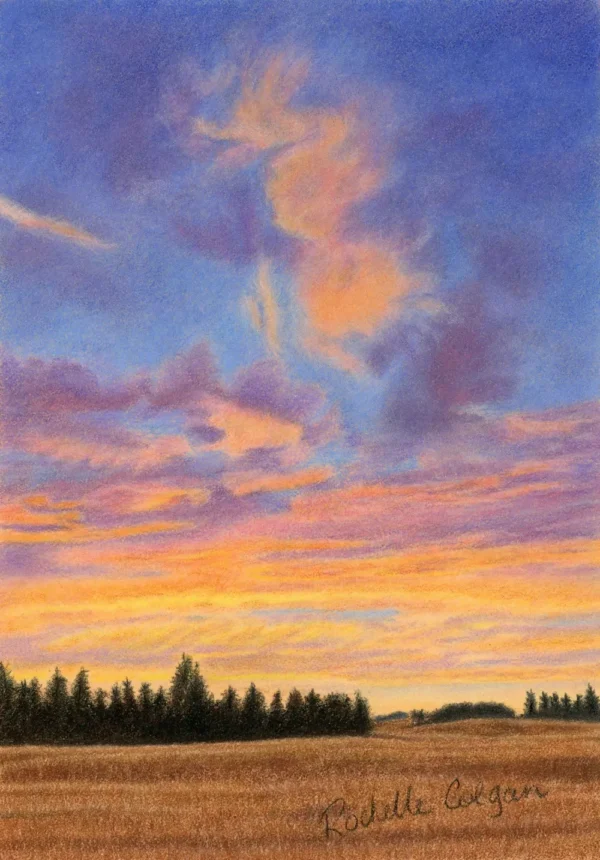 Sunrise skyscape drawing of autumn crop field with trees along the horizon. By Alberta artist Rochelle Colgan