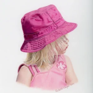 Realistic custom portrait of a two year old girl looking to the side, wearing a pink bucket hat and pink shirt. By Alberta artist Rochelle Colgan