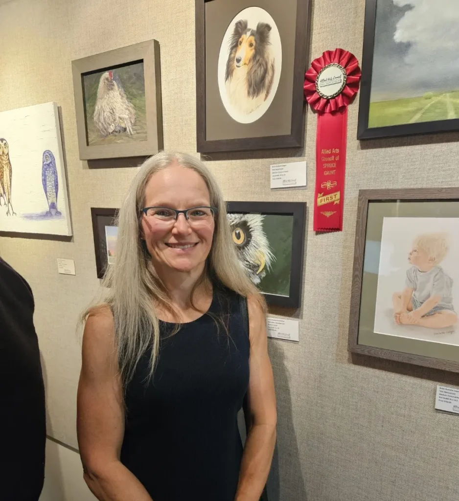 Alberta coloured pencil artist Rochelle Colgan with first place ribbon for sheltie drawing at AAC open art competition