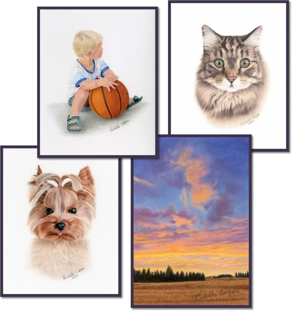 Collage of drawings small boy with basketball, tabby cat, yorkie dog, sunrise skyscape
