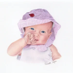 Realistic custom portrait of a three month old baby, wearing a gingham pink and white bucket hat and white shirt. By Alberta artist Rochelle Colgan