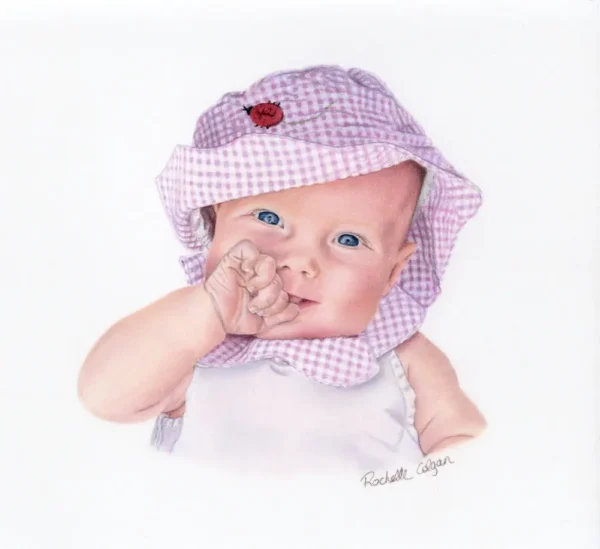 Realistic custom portrait of a three month old baby, wearing a gingham pink and white bucket hat and white shirt. By Alberta artist Rochelle Colgan