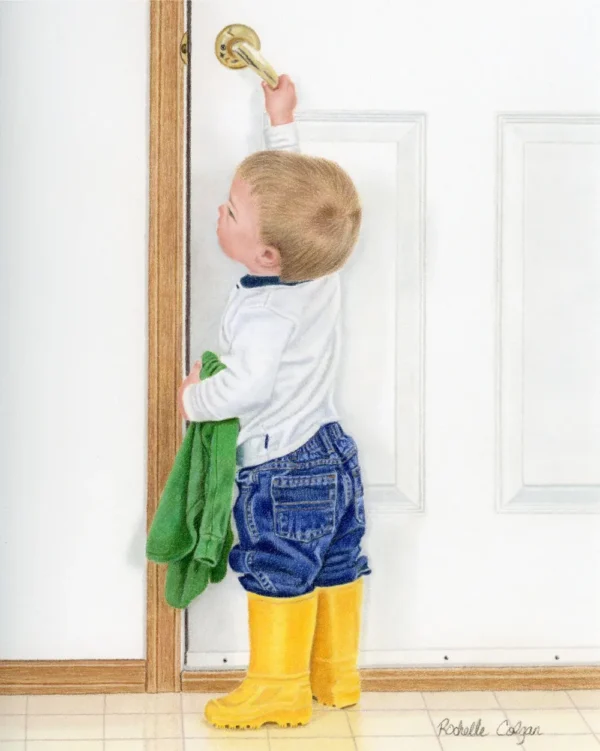 Realistic drawing of a 2 year old boy with bright yellow rubber boots pulling down the handle to open a door to the outside. By Alberta artist Rochelle Colgan