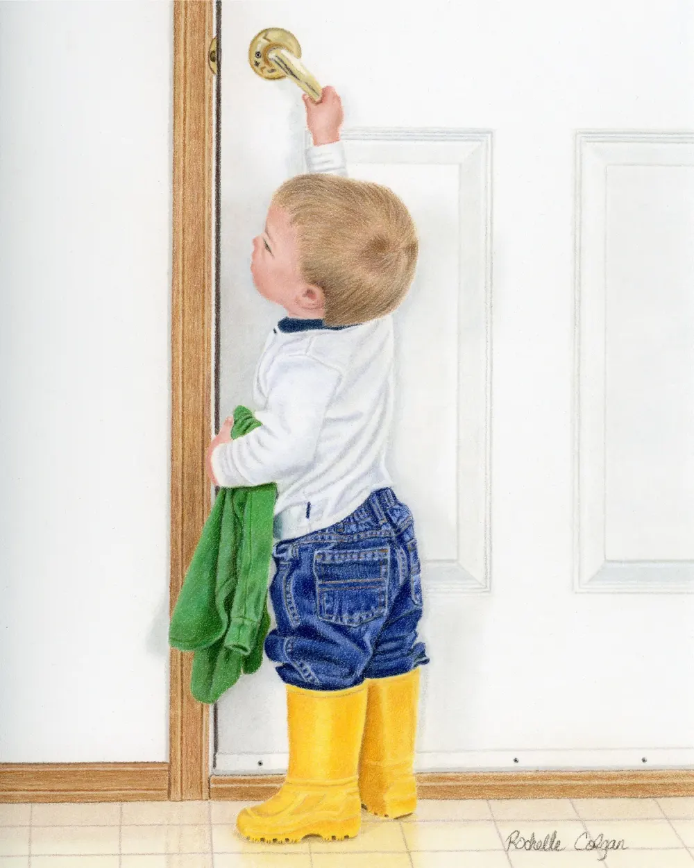 Realistic drawing of a 2 year old boy with bright yellow rubber boots pulling down the handle to open a door to the outside. By Alberta artist Rochelle Colgan