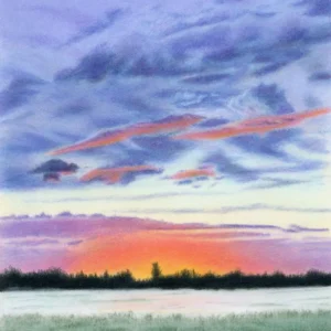Colourful sunrise skyscape drawing with dark clouds, purple and orange horizon, dark trees and mist over a lush green grass field. By Alberta artist Rochelle Colgan