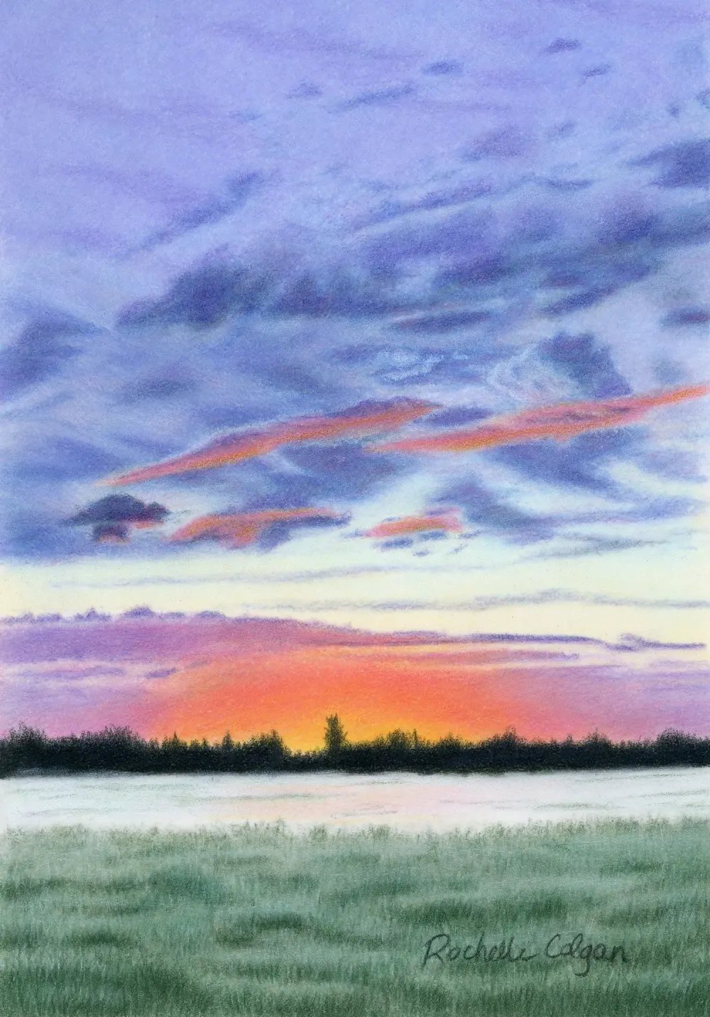 Colourful sunrise skyscape drawing with dark clouds, purple and orange horizon, dark trees and mist over a lush green grass field. By Alberta artist Rochelle Colgan