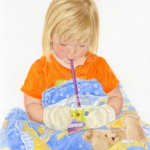 Realistic drawing of a three year old girl drinking a slurpee while wearing mittens and covered up with a blanket. By Alberta artist Rochelle Colgan