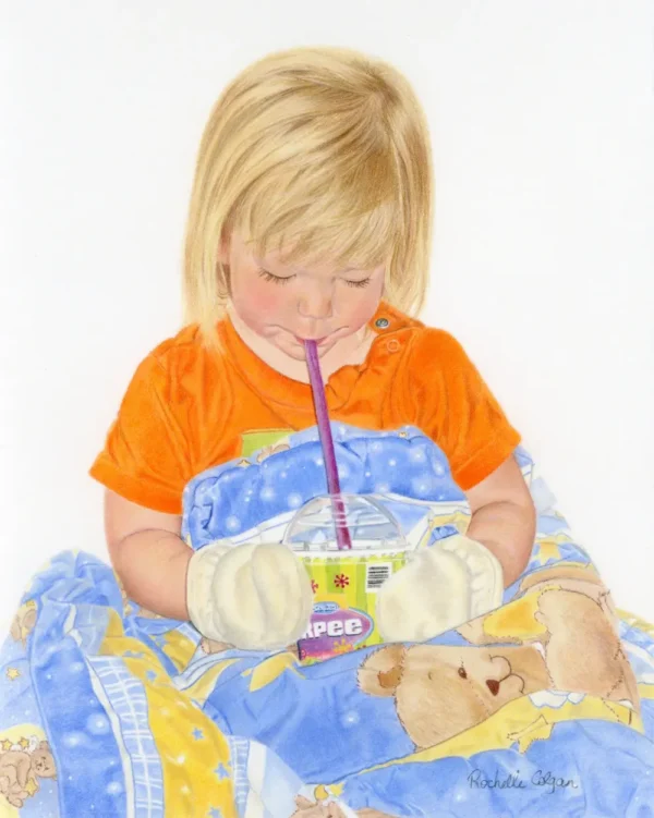 Realistic drawing of a three year old girl drinking a slurpee while wearing mittens and covered up with a blanket. By Alberta artist Rochelle Colgan