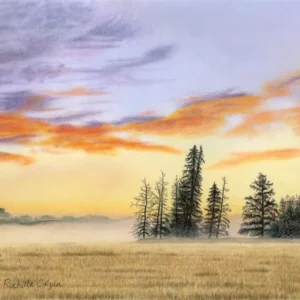 Sunrise skyscape drawing with purple and orange clouds, light orange sky along the horizon with distant trees and mist. By Alberta artist Rochelle Colgan