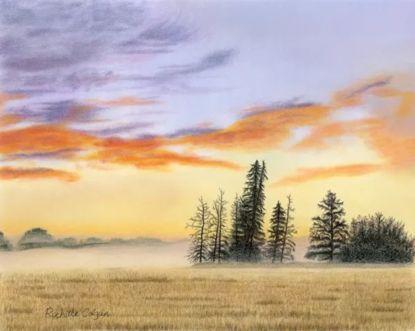 Sunrise skyscape drawing with purple and orange clouds, light orange sky along the horizon with distant trees and mist. By Alberta artist Rochelle Colgan