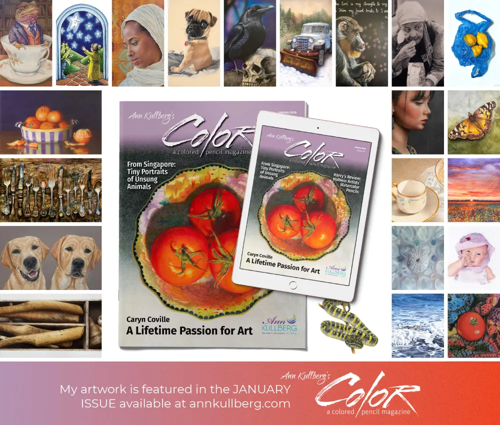 cover of Ann Kullberg's Color magazine with note saying My artwork is featured in the January Issue available at annkullberg.com