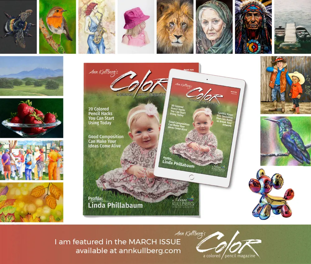 cover of Ann Kullberg's Color magazine with note saying I am featured in the March Issue available at annkullberg.com