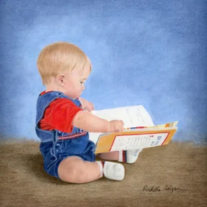 Realistic drawing of a 9 month old boy sitting on the floor looking at a story book. By Alberta artist Rochelle Colgan