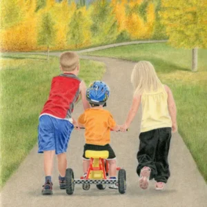 Realistic drawing of an autumn scene with two children walking on a path, guiding a third child on a tricycle. By Alberta artist Rochelle Colgan