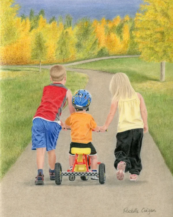 Realistic drawing of an autumn scene with two children walking on a path, guiding a third child on a tricycle. By Alberta artist Rochelle Colgan