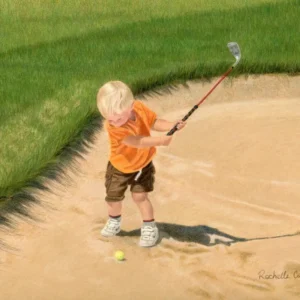 Realistic drawing of a 2 year old blonde haired boy hitting a golf ball out of a sand bunker. By Alberta artist Rochelle Colgan