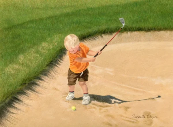 Realistic drawing of a 2 year old blonde haired boy hitting a golf ball out of a sand bunker. By Alberta artist Rochelle Colgan