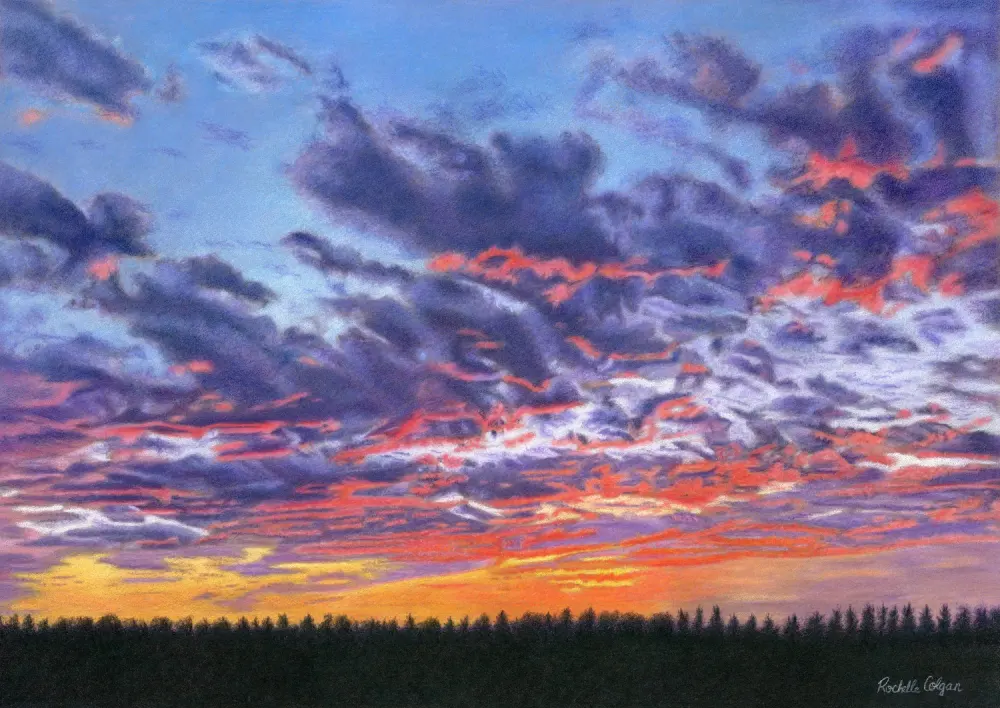 Sunset skyscape drawing with purple, pink and orange clouds, light orange sky along the horizon with distant trees. By Alberta artist Rochelle Colgan
