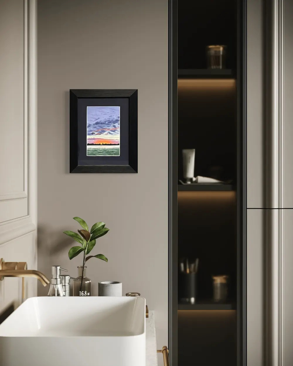 Framed realistic colourful sunrise skyscape drawing with dark clouds, purple and orange horizon, dark trees and mist over a lush green grass field, hanging on a wall. By Alberta artist Rochelle Colgan