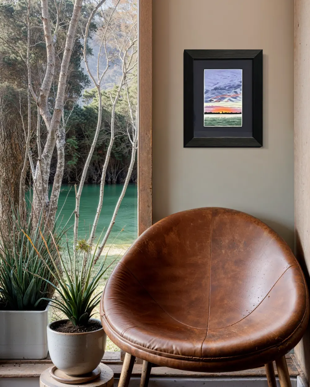 Framed realistic colourful sunrise skyscape drawing with dark clouds, purple and orange horizon, dark trees and mist over a lush green grass field, hanging on a wall. By Alberta artist Rochelle Colgan