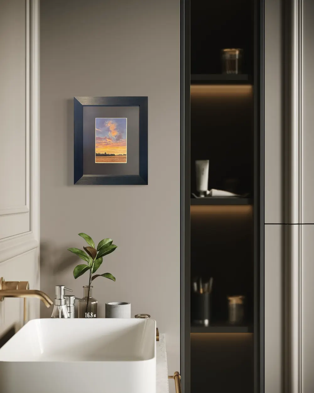 Framed realistic sunrise skyscape drawing of autumn crop field with trees along the horizon, hanging on a wall. By Alberta artist Rochelle Colgan