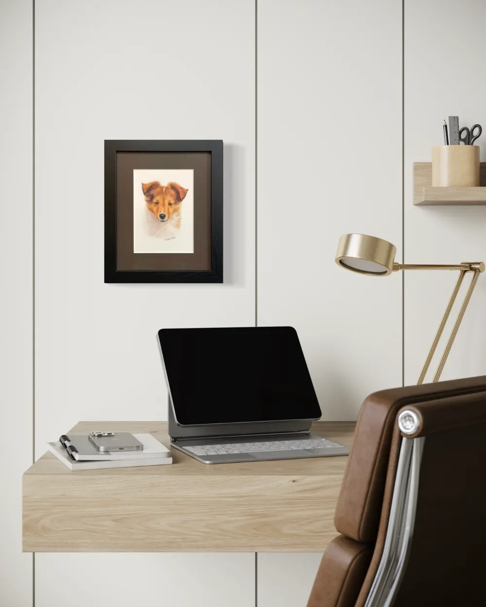 Framed realistic custom portrait of Sheltie puppy head and chest, hanging on a wall. By Alberta artist Rochelle Colgan
