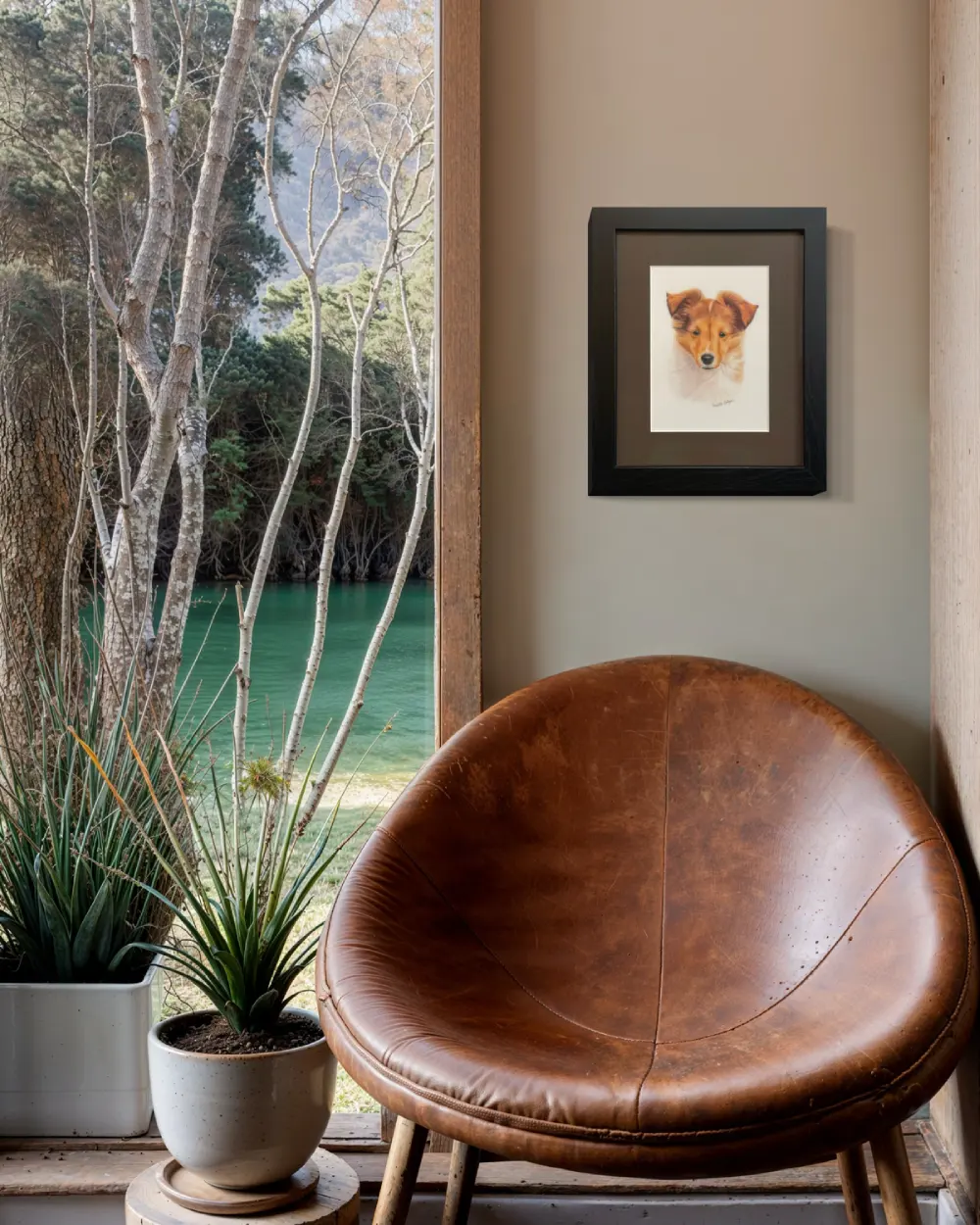 Framed realistic custom portrait of Sheltie puppy head and chest, hanging on a wall. By Alberta artist Rochelle Colgan