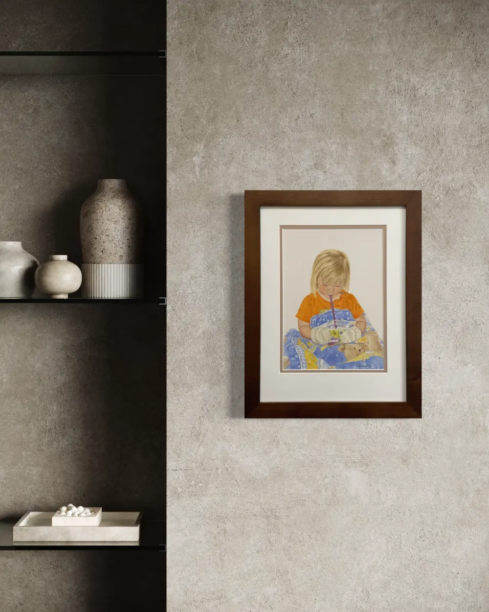 Framed realistic drawing of a three year old girl drinking a slurpee while wearing mittens and covered up with a blanket, hanging on a wall. By Alberta artist Rochelle Colgan