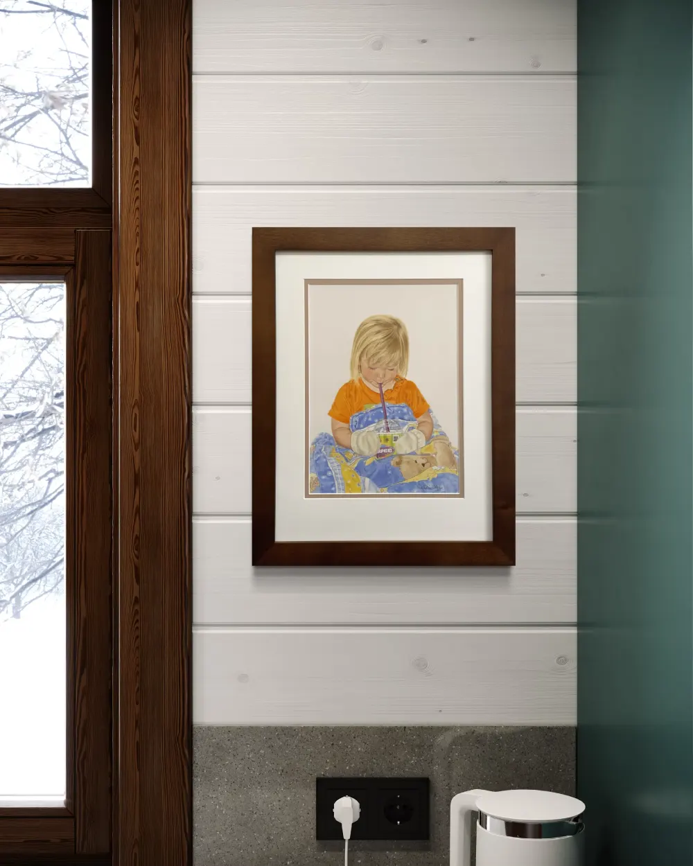 Framed realistic drawing of a three year old girl drinking a slurpee while wearing mittens and covered up with a blanket, hanging on a wall. By Alberta artist Rochelle Colgan