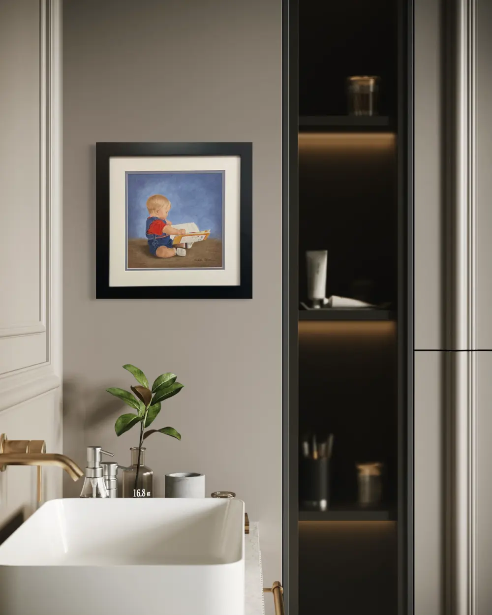 Framed realistic drawing of a 9 month old boy sitting on the floor looking at a story book, hanging on a wall. By Alberta artist Rochelle Colgan